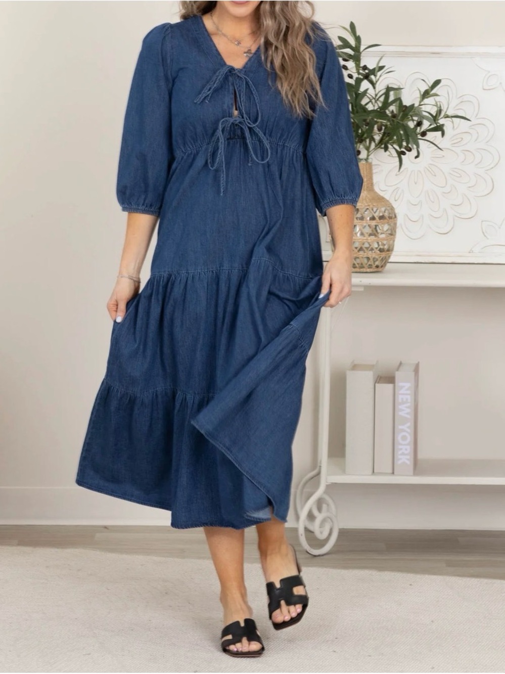 Blue Tiered Midi Dress with Tie Front